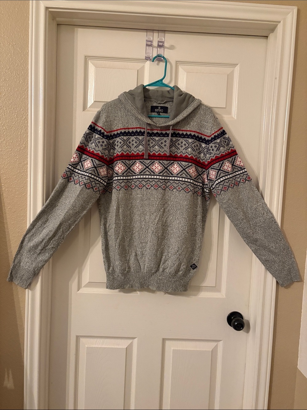 Buffalo David Bitton Gray Crewneck Sweater with Red and Navy Stripes. Size M.